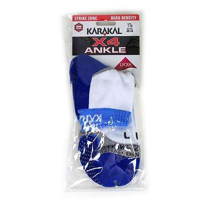 Karakal X4 men's technical ankle badminton socks in white and navy (UK7-UK13) are crafted for peak performance using Cool Tec Material and Lycra. These shock-absorbing socks feature quad density support and cushioning, presented in clear plastic packaging for optimal visibility.