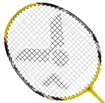 The sturdy Victor AL-2200 Badminton Racket from Victor presents a striking yellow frame paired with black and white strings, highlighted by a logo at its center.