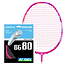 A Yonex BG 80 badminton string in neon pink, known for its "Repulsion Power" and "Hard Feeling," is placed next to a pink badminton racket featuring a string pattern. The multifilament string specifications include a thickness of 0.68mm, categorized as 22 GA, with a length of 10 meters or approximately 33 feet. This high-repulsion power setup is ideal for achieving peak performance.