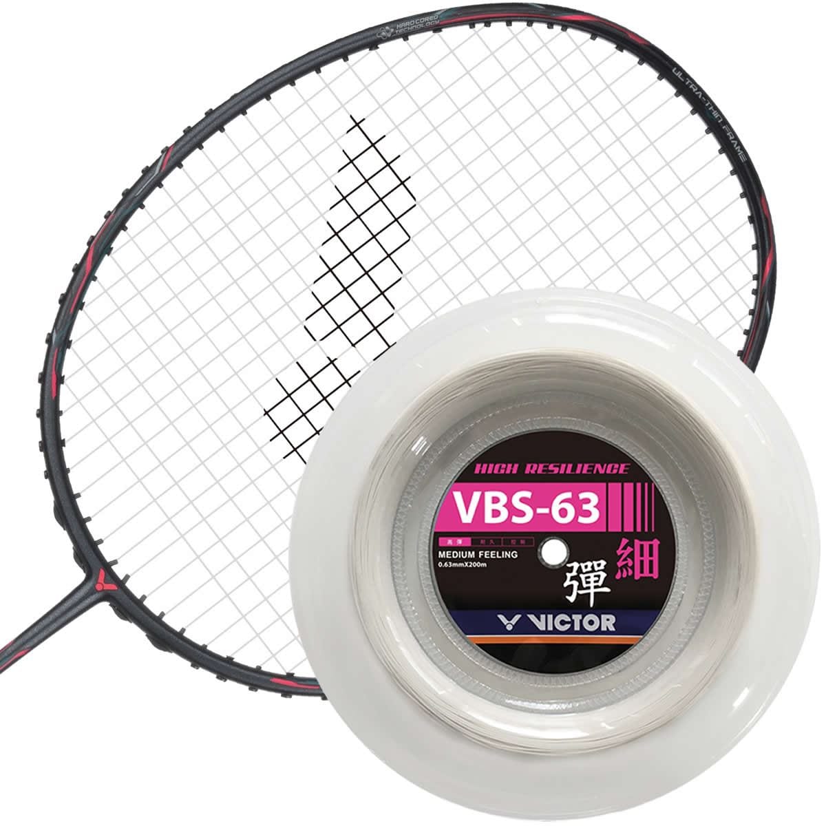 A Victor badminton racket with a red and black frame is paired with a spool of Victor VBS 63 Badminton String Reel, labeled "High Resilience" and "Medium Feeling" in the center. This high-strength multifilament string, measuring 0.63mm in diameter and coiled in a transparent casing, promises enhanced performance over its 200m length.