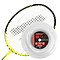A badminton racket with black strings and a yellow frame is positioned behind a spool of Ashaway Zymax 68 TX Badminton String. This white string, featuring advanced ZyWeave string technology, comes on a clear 200m reel adorned with a black and red label showcasing detailed specifications.