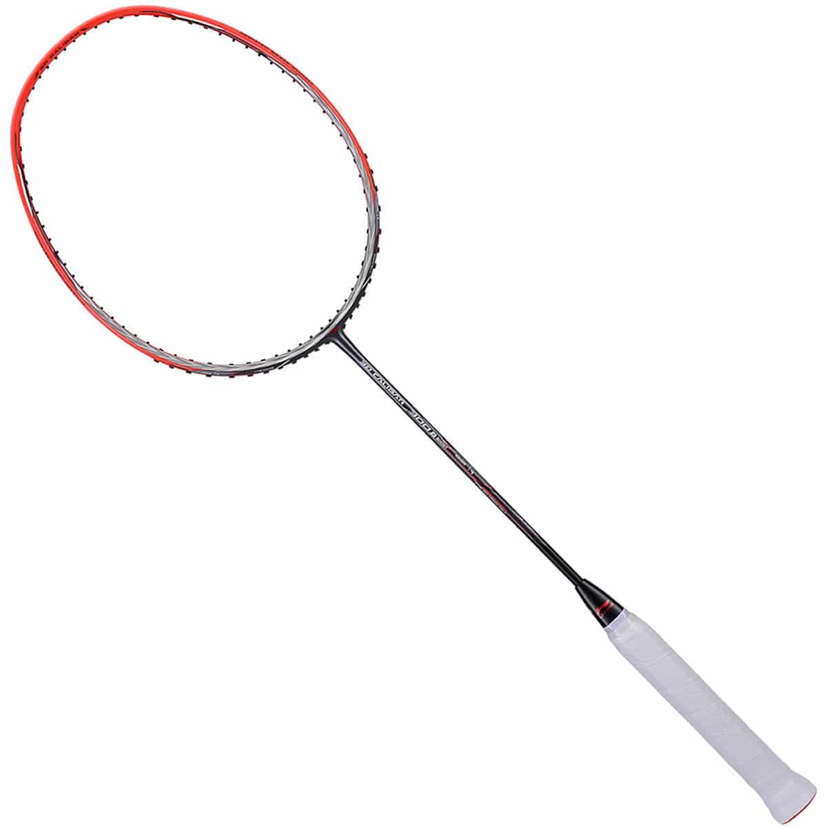 The Li-Ning 3D Calibar 300 Boost Badminton Racket, showcasing a Dynamic-Optimum Frame and a captivating black and red design with a white grip handle, is displayed against a white background.