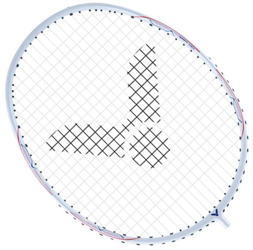 A close-up of the Victor Drive X 1L A badminton racket head, in its floral white design, highlights the vibrant red and blue trim. The strings create a geometric pattern featuring a stylized logo with two thick diagonal lines intersecting around a circular shape at the center, ideally suited for intermediate level players.