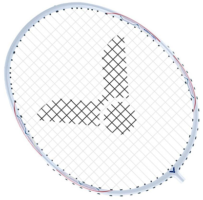 A close-up of the Victor Drive X 1L A badminton racket head, in its floral white design, highlights the vibrant red and blue trim. The strings create a geometric pattern featuring a stylized logo with two thick diagonal lines intersecting around a circular shape at the center, ideally suited for intermediate level players.