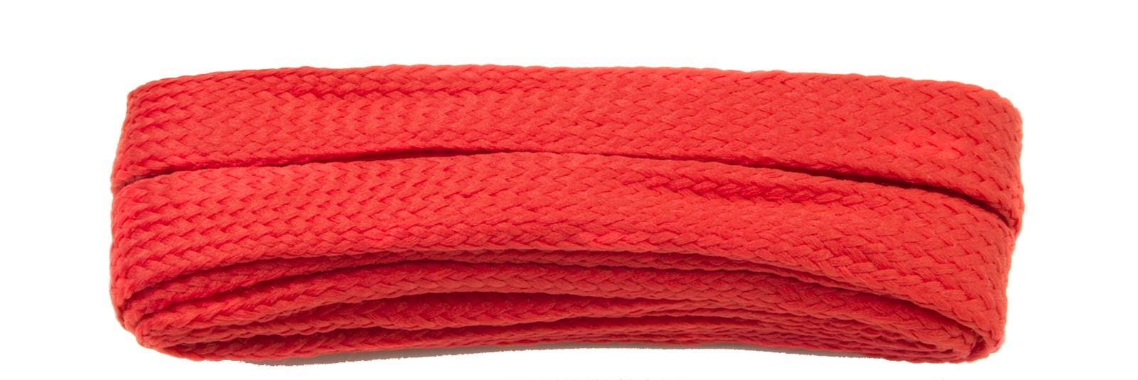 A neatly arranged set of red Shoestring Flat Block Badminton Shoe Laces, 140cm in length, is displayed against a white background, resembling the compact arrangement of a braided belt. The laces feature a textured pattern that adds depth and interest to their design.
