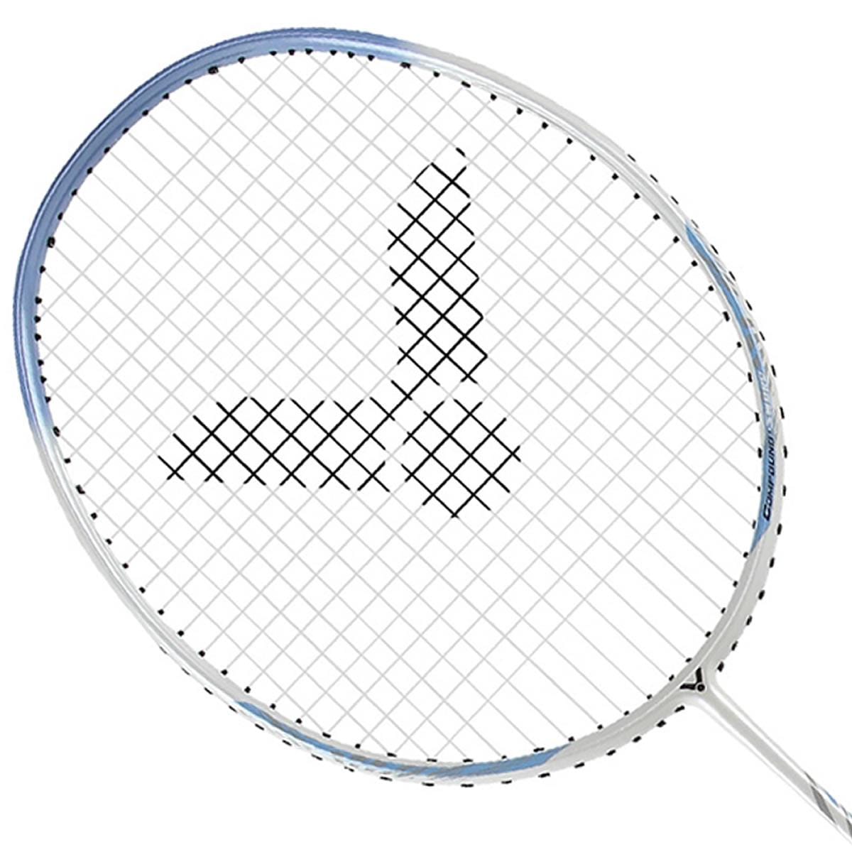 A close-up of the Victor Auraspeed 9A Badminton Racket features white strings and a black logo in the center. Designed for beginner and intermediate players, its frame is silver with a striking blue accent along the edge.
