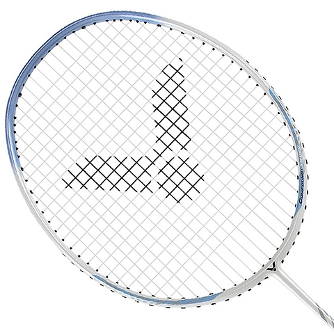 A close-up of the Victor Auraspeed 9A Badminton Racket features white strings and a black logo in the center. Designed for beginner and intermediate players, its frame is silver with a striking blue accent along the edge.