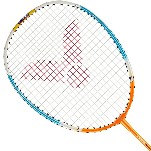 The Victor Advanced Junior Badminton Racket - Orange Blue from Victor features a colorful frame in vibrant blue and orange, along with durable multifilament strings and a prominent red logo at its center. The racket's short shaft improves control, while the handle is partially visible.