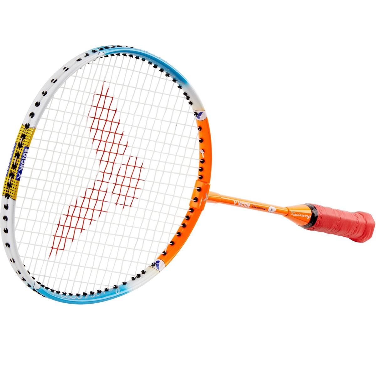 Introducing the Victor Training Junior Badminton Racket - Orange Blue: This badminton racket features an orange and white frame adorned with red and blue accents, complete with a comfortable red grip. The drop-shaped head showcases the brand's logo printed on the Lawntex strings, ensuring a striking appearance during any match.