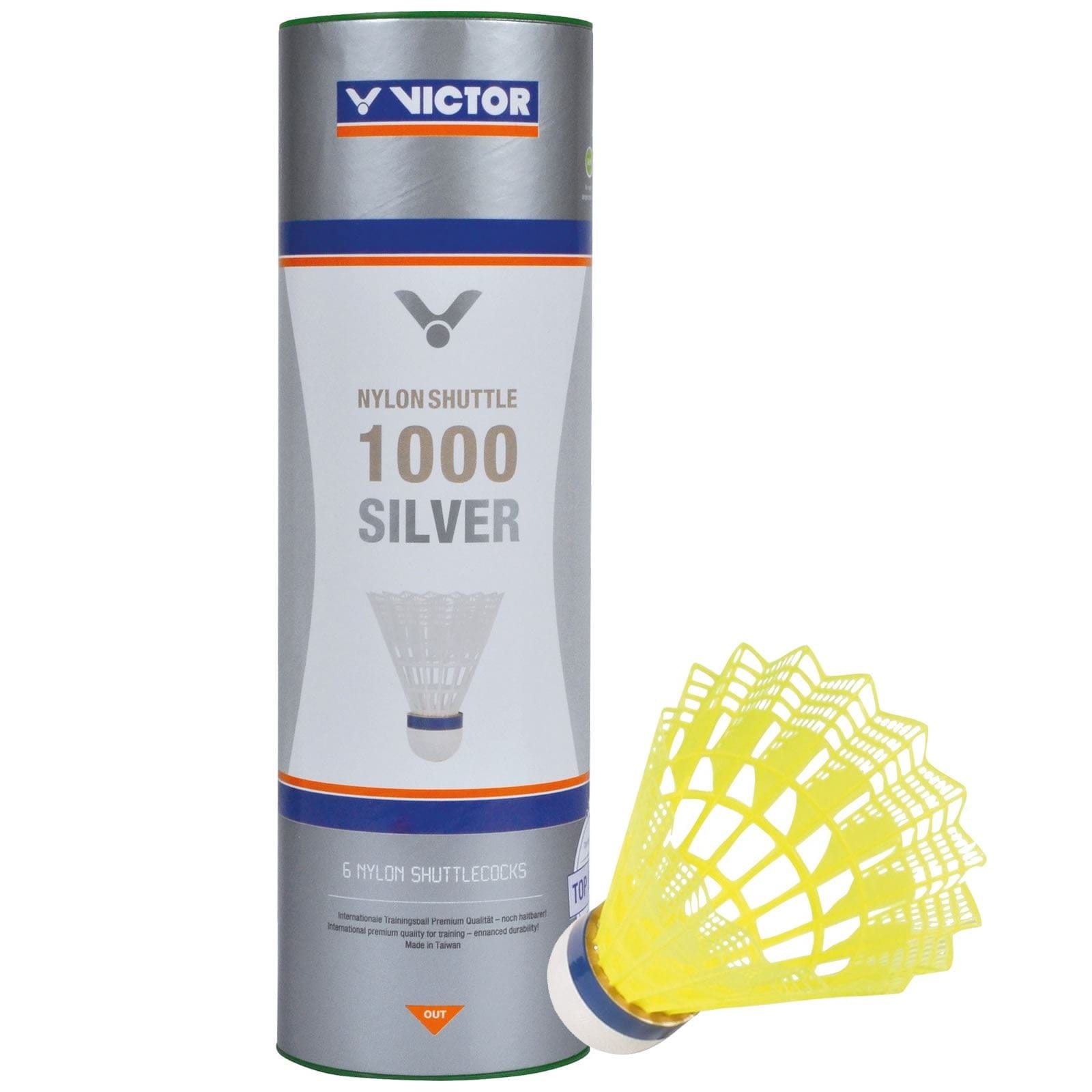 A cylindrical container with the label "VICTOR 1000 Nylon Yellow Badminton Shuttlecocks" stands upright next to a yellow nylon shuttlecock featuring a white base. Ideal for schools and training, the pack of six guarantees a consistent flight path in every match.