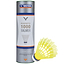 A cylindrical container with the label "VICTOR 1000 Nylon Yellow Badminton Shuttlecocks" stands upright next to a yellow nylon shuttlecock featuring a white base. Ideal for schools and training, the pack of six guarantees a consistent flight path in every match.