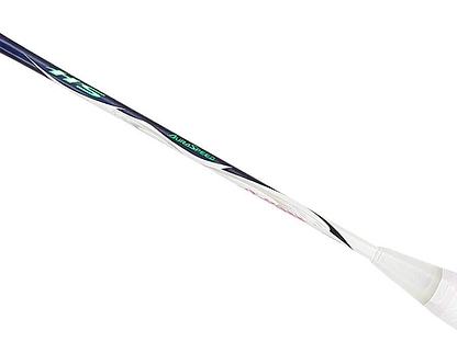A close-up of the Victor Auraspeed HS B Badminton Racket - Blue highlights the shaft and part of the handle. The shaft is adorned with graphic designs featuring "Auraspeed HS" and "115." Enhanced with Nano Fortify SR technology, the handle is wrapped in a light-colored grip.