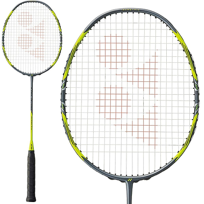 The Yonex Arcsaber 7 Pro Badminton Racket, featuring a sleek grey and yellow design, is crafted for all-round players. The racket includes a black handle and an intriguing string pattern with an orange logo prominently at the center.