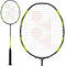 The Yonex Arcsaber 7 Pro Badminton Racket, featuring a sleek grey and yellow design, is crafted for all-round players. The racket includes a black handle and an intriguing string pattern with an orange logo prominently at the center.
