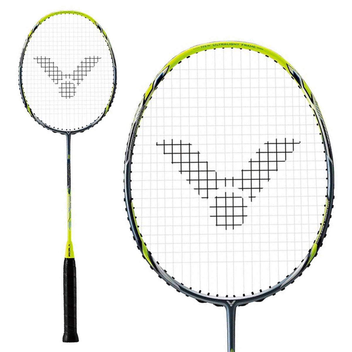 The Victor Drive X Light Fighter 60 Badminton Racket by Victor features a head heavy balance, black grip, blue-yellow and silver frame, and a black logo pattern on the strings. Images include full view and close-up of the racket head.