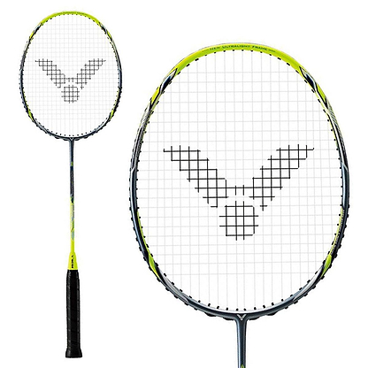 The Victor Drive X Light Fighter 60 Badminton Racket by Victor features a head heavy balance, black grip, blue-yellow and silver frame, and a black logo pattern on the strings. Images include full view and close-up of the racket head.