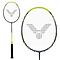 The Victor Drive X Light Fighter 60 Badminton Racket by Victor features a head heavy balance, black grip, blue-yellow and silver frame, and a black logo pattern on the strings. Images include full view and close-up of the racket head.