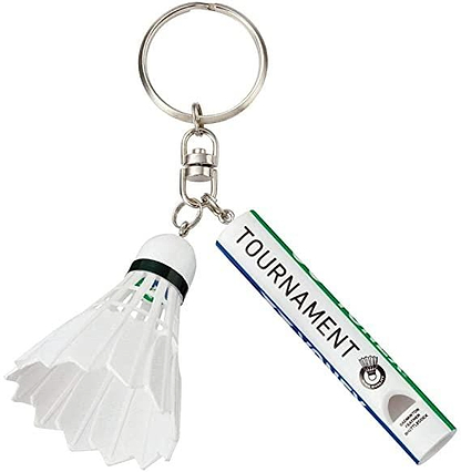 An essential accessory for any badminton enthusiast, the Yonex Badminton Shuttlecock & Whistle Keychain features a white shuttlecock alongside a rectangular tag marked "TOURNAMENT.