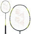 Close-up of a Yonex Arcsaber 7 Play 4U badminton racket featuring a black handle and an isometric frame in grey and yellow. The strings create a grid pattern, enhanced by CS Carbon Nanotubes, with the racket displayed from two angles: full view and close-up of the head.