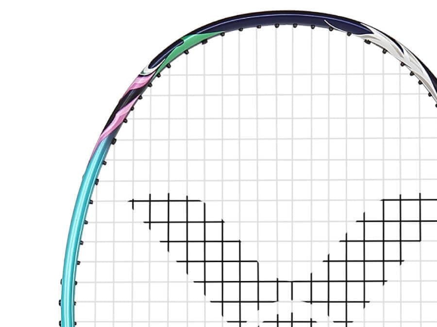 Close-up of the Victor Auraspeed HS B Badminton Racket head, showcasing colorful accents. The strings create a geometric pattern, while the frame displays shades of blue—a design reminiscent of the Auraspeed HS series known for its vibrant style. Ideal for players seeking dynamic performance in doubles matches.