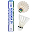 A green and blue Yonex Aerosensa AS50 tube with an open shuttlecock expertly demonstrates the durability of its design. The display includes two shuttlecocks, one showcasing a side view while the other reveals a top view featuring the signature green cap logo.