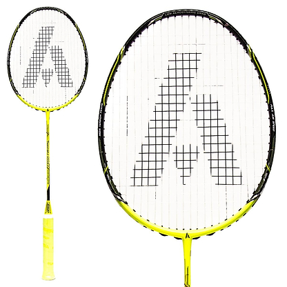 The Ashaway Phantom X Speed II Badminton Racket showcases a yellow and black design with an A-shaped logo on the string bed, enhanced by the Phantom Airflow System for superior performance. Its handle shares the same color scheme, and there's an up-close view of the racket's head depicted on the right side.
