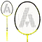The Ashaway Phantom X Speed II Badminton Racket showcases a yellow and black design with an A-shaped logo on the string bed, enhanced by the Phantom Airflow System for superior performance. Its handle shares the same color scheme, and there's an up-close view of the racket's head depicted on the right side.