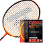An Ashaway Zymax 62 Fire badminton racket with orange strings rests next to a packet of Ashaway ZyMax 62 Fire string, renowned for its high-performance playability. This packet highlights its maximum repulsion and tension maintenance capabilities and features a sleek black and red design with vibrant orange accents.