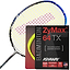 A badminton racket is displayed with a yellow and red string pattern, alongside a red and black package of Ashaway's Zymax 64 TX Badminton String in Yellow (0.64MM, 10m Packet). The packaging emphasizes the benefits of ZyWeave string technology, including textured coating and tension maintenance for optimal performance.