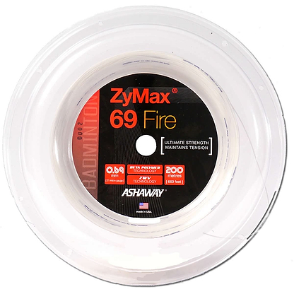 Close-up of a spool of Ashaway ZyMax 69 Fire badminton string in white, renowned for its durability and ultimate strength. The label emphasizes "Maintains Tension" and features specifications: 0.69mm diameter, 200 meters length. Crafted by Ashaway, it is engineered to endure extreme tensions with a sleek design.