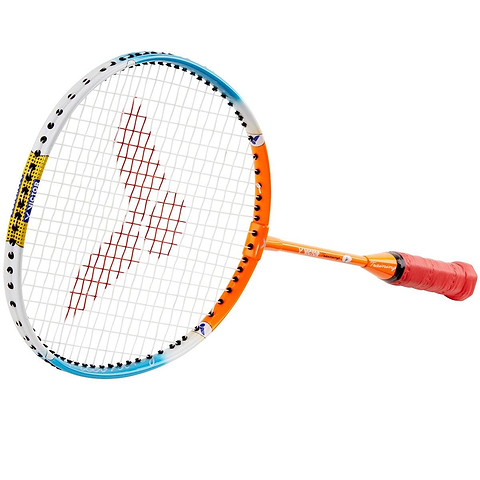 A Victor Training Junior Badminton Racket - Orange Blue with a short shaft, showcasing a white and orange frame. It features the recognizable red bird logo on the strings and is characterized by a drop-shaped head design. The grip is wrapped in vibrant red tape for exceptional control during play.