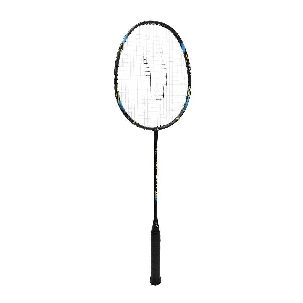 The Uwin Phantom Pro Badminton Racket by Uwin showcases a black handle adorned with yellow and blue accents, along with a stringed, oval-shaped head. Designed as an entry-level racket, it is perfectly tailored for enjoyable play.