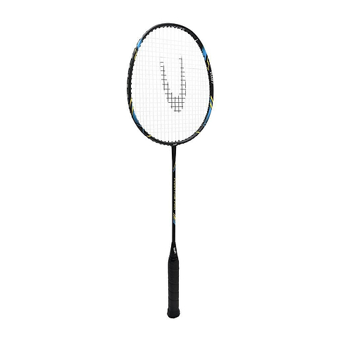 The Uwin Phantom Pro Badminton Racket by Uwin showcases a black handle adorned with yellow and blue accents, along with a stringed, oval-shaped head. Designed as an entry-level racket, it is perfectly tailored for enjoyable play.