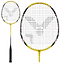 A durable Victor AL-2200 badminton racket in black and yellow, featuring a distinct logo on the stringing and a black grip, is showcased. The product is displayed with both a full view and a close-up of the head.