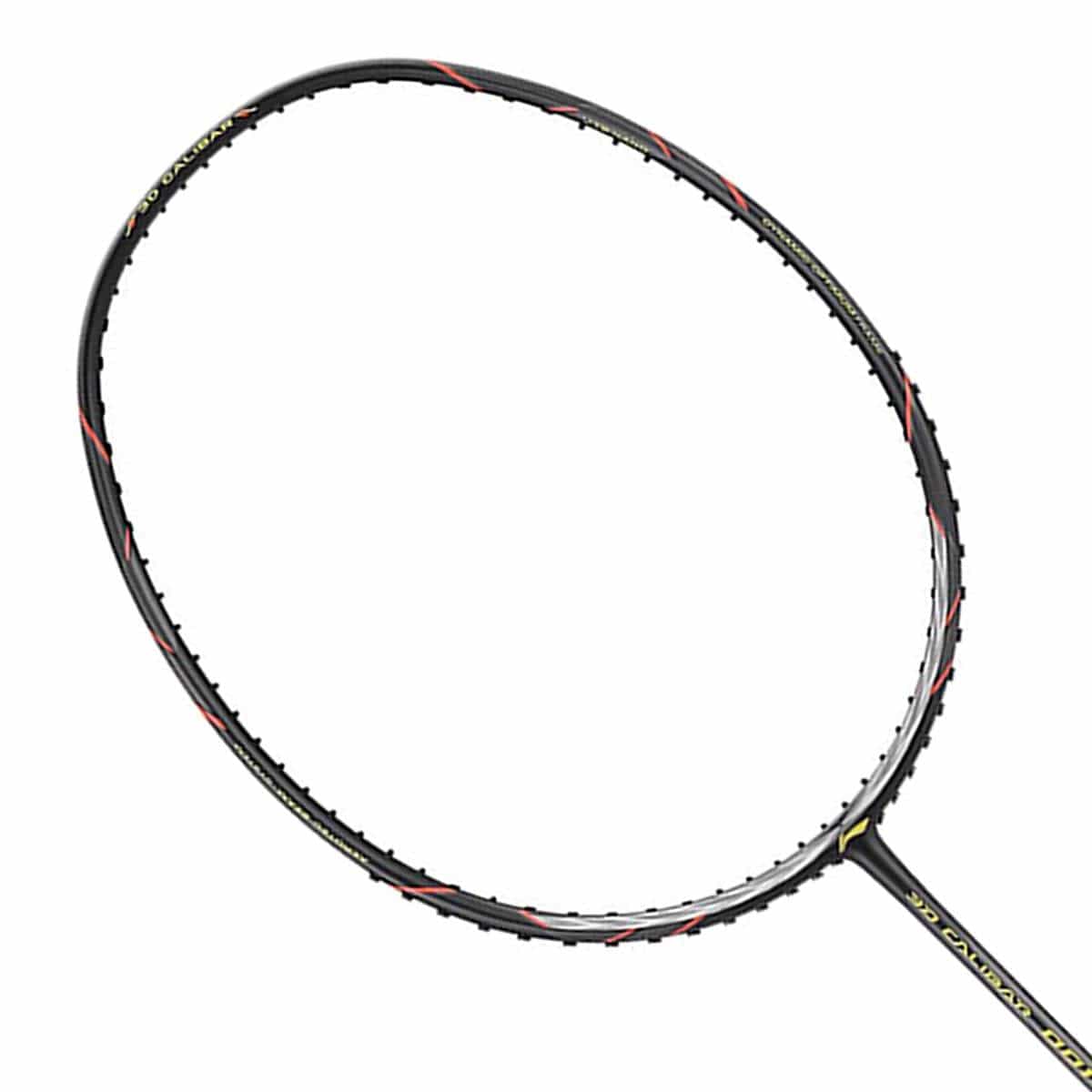 Introducing the Li-Ning 3D Calibar 001 Combat Badminton Racket in black, featuring subtle red and yellow accents. The sleek, minimalistic design is complemented by the Dynamic-Optimum Frame, providing exceptional performance on the court.