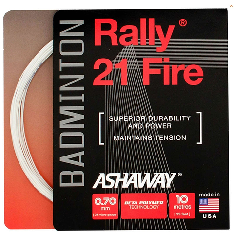 Here's an image of the Ashaway Rally 21 Fire badminton string packaging, designed for the all-round player. The bold red and black background emphasizes its features: "Superior Durability and Power, Maintains Tension," thanks to its BETA polymer technology. The packaging includes details such as string thickness (0.70mm), length (10m), and proudly displays the "Made in USA" label.
