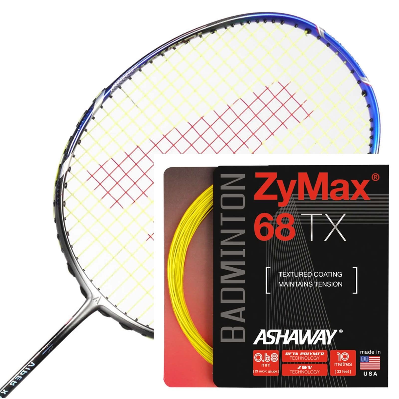 A badminton racket lies beside a packet of Ashaway Zymax 68 TX Badminton String. These vibrant yellow strings feature a textured surface coating and excellent tension maintenance, enhanced by the cutting-edge ZyWeave technology from Ashaway.