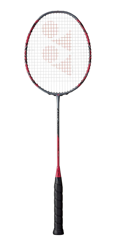 The Yonex Arcsaber 11 Pro 3U Badminton Racket, in Greyish Pearl, features a netted oval head with an ISOMETRIC Enlarged Sweet Spot and a control assist bumper. Its cushioned handle, patterned strings, and sleek shaft enhance precision during gameplay.