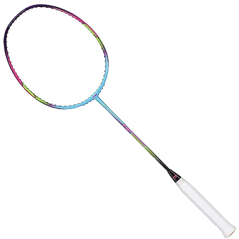 The Li-Ning Windstorm 72 Badminton Racket in Light Blue is a colorful racket featuring a black grip and a vibrant frame adorned with shades of blue, purple, and yellow. This ultra-lightweight racket is equipped with finely tensioned strings and a head-heavy balance, ensuring optimal performance for every game.