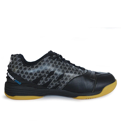 The Karakal Super Pro Indoor Court Badminton Shoes, designed by Karakal, flaunt a striking black design with a unique hexagonal pattern and a gum-yellow sole. These shoes feature an asymmetric lace system and proudly display "SUPERPRO" in blue and white on the side, engineered for peak athletic performance on indoor courts.