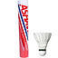 A tube labeled "Ashaway International Feather Shuttles / Shuttlecocks - Set of 12" stands upright, accompanied by a single white shuttlecock made with a quality cork base and premium goose feathers. The tube's red, blue, and white design showcases its ideal creation for badminton enthusiasts.