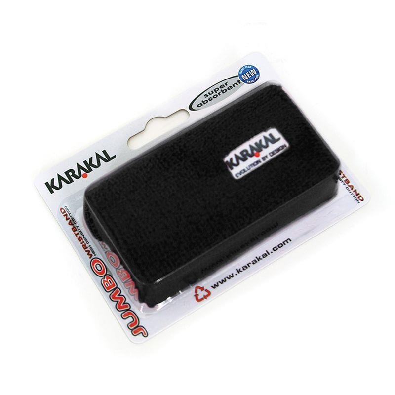 The Karakal Jumbo Badminton Wrist Band - Black, made from super absorbent cotton, is available in a stylish black color. It comes packaged in a clear plastic cover with "Super Absorbent" highlighted on the label, along with brand and website information elegantly displayed on the card backing.