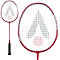 Introducing the Karakal CB-2 Junior Badminton Racket in red by Karakal, which boasts an aluminium head and a black grip. The striking red and black design on the strings is complemented by its isometric head that highlights a prominent, intricate string pattern.