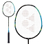 Two views of the Yonex Astrox E13 Badminton Racket - Black / Blue: one displays the complete side profile, while the other focuses on a close-up of its circular head. This racket from Yonex boasts a head-heavy balance, featuring a black handle, a blue and green shaft, and a black frame with string pattern.