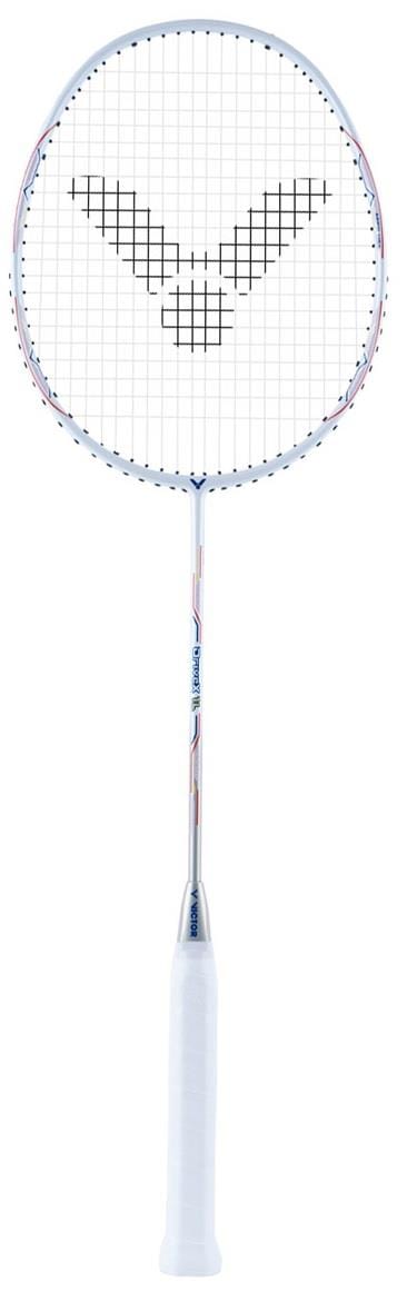 The Victor Drive X 1L A Badminton Racket - Floral White by Victor boasts a white frame and handle adorned with a black logo pattern on the strings, making it ideal for intermediate players. Its sleek design is further enhanced by subtle blue and red accents elegantly running along its length.