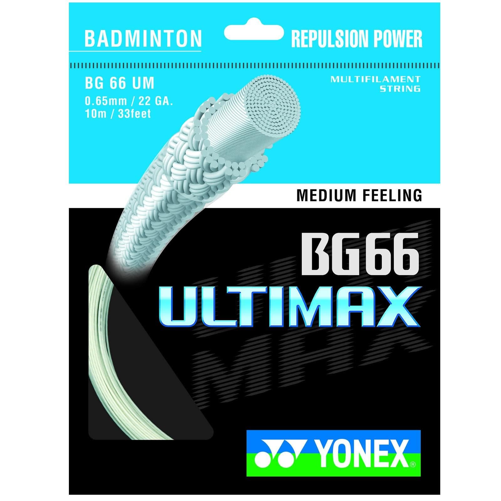 The Yonex BG 66 Ultimax Badminton String White - 0.65mm 10m Packet's packaging highlights its "Repulsion Power" and "Medium Feeling." It showcases a detailed view of the finely tuned 0.65mm string, designed for optimal speed across its 10-meter length, with the renowned Yonex logo prominently displayed at the bottom.