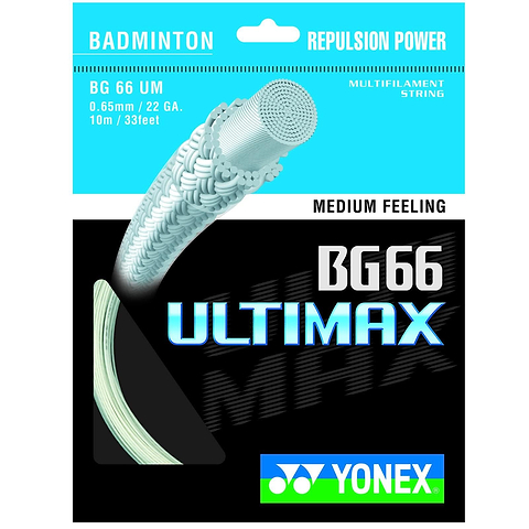 The Yonex BG 66 Ultimax Badminton String White - 0.65mm 10m Packet's packaging highlights its "Repulsion Power" and "Medium Feeling." It showcases a detailed view of the finely tuned 0.65mm string, designed for optimal speed across its 10-meter length, with the renowned Yonex logo prominently displayed at the bottom.
