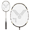 The Victor G-7500 Badminton Racket, crafted by Victor, features a curved shaft and a black grip. Its head is strung with Ashaway Rally 21 Fire strings in an impressive "V" pattern. This full carbon racket for beginners displays elegant details in black, white, and gold from various angles.