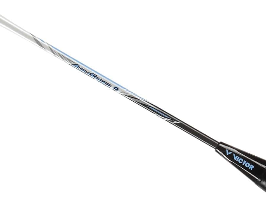 A close-up of the Victor Auraspeed 9A Badminton Racket shaft, highlighting the brand logo and model name against its sleek design in shades of blue, black, and white. Ideal for beginner to intermediate players, this all-round racket features a slim, aerodynamic structure that stands out against a plain white background.