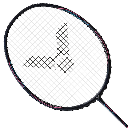 The Victor Drive X 9X badminton racket, designed for advanced players, features a sleek black frame with interwoven strings forming a unique triangular pattern at the center. Accentuated by red and blue highlights along the edges, this racket from Victor rests at an angle against a white background.